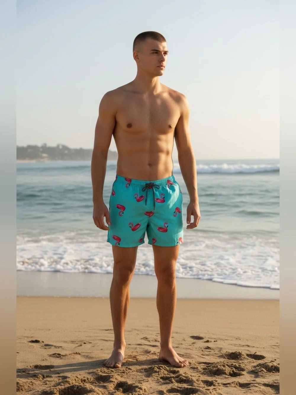 Oennea Mens Swim Trunks Aqua with Pink Flamingos - XL